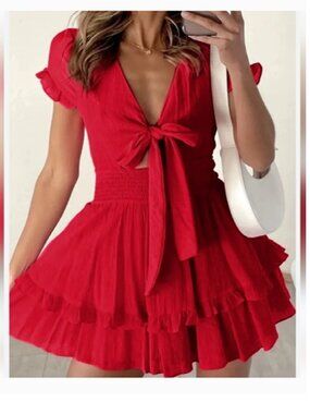Red Tie-Front Ruffle Dress